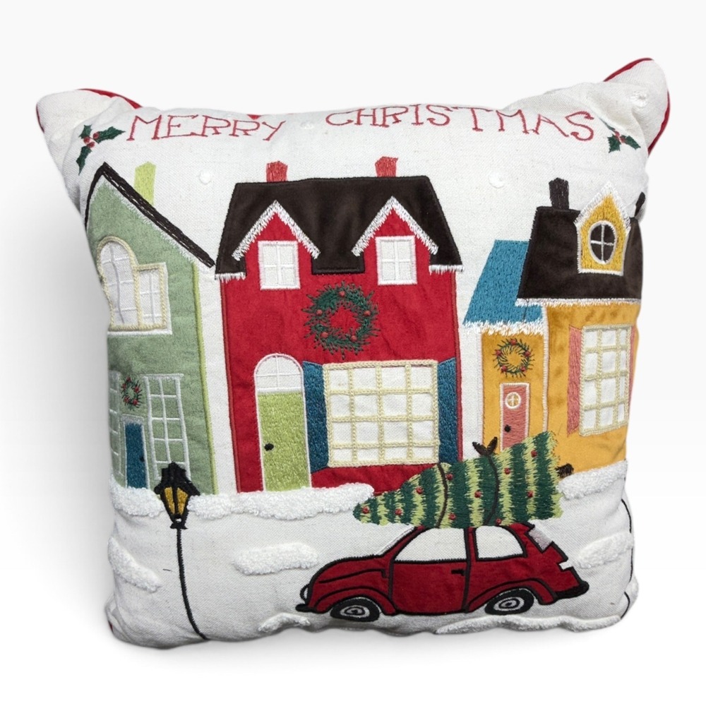 Pier 1 Merry Christmas LED Light Up Village Embroidered Plaid Throw Pillow 16"